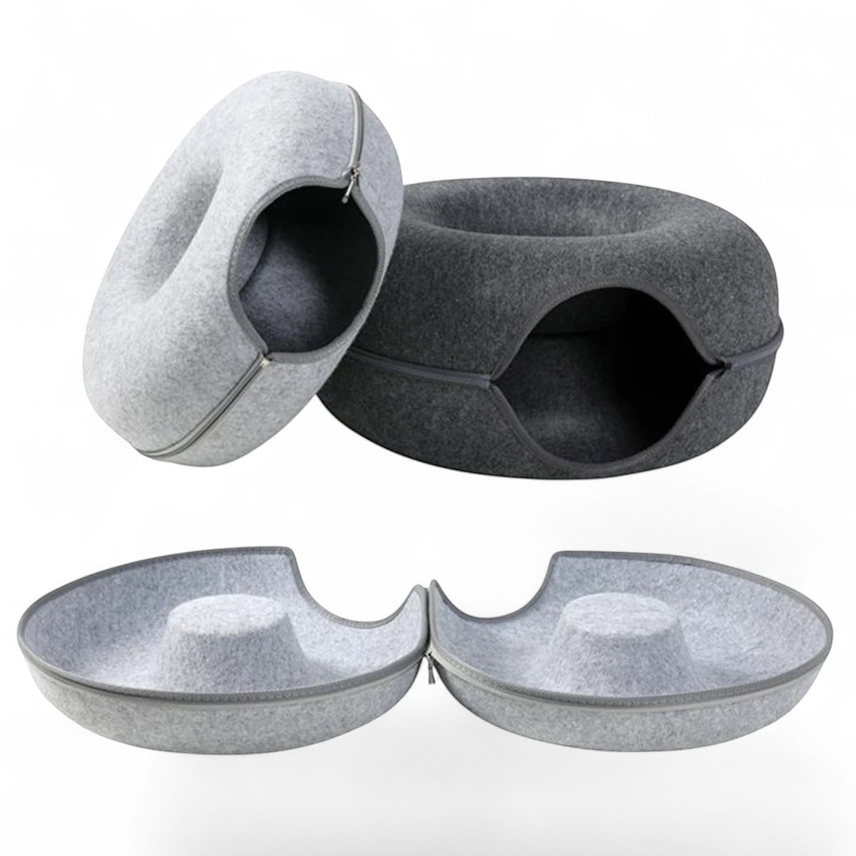 Cama túnel redonda interactiva para gatos ANIMALZO en fieltro gris, diseño 2 en 1 desmontable con cremallera.