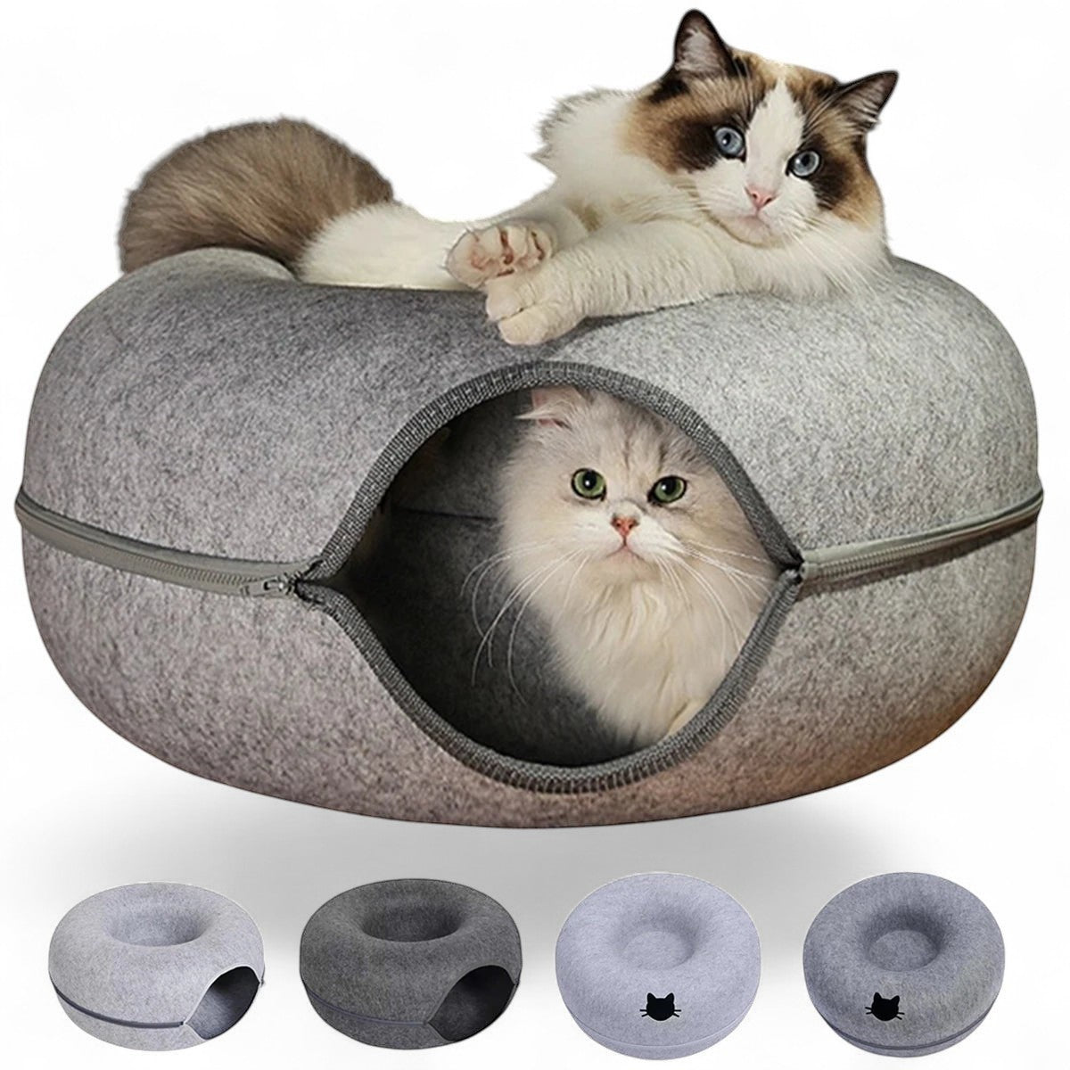 Cama túnel redonda ANIMALZO de fieltro gris para gatos, con un gato descansando encima y otro dentro del túnel.