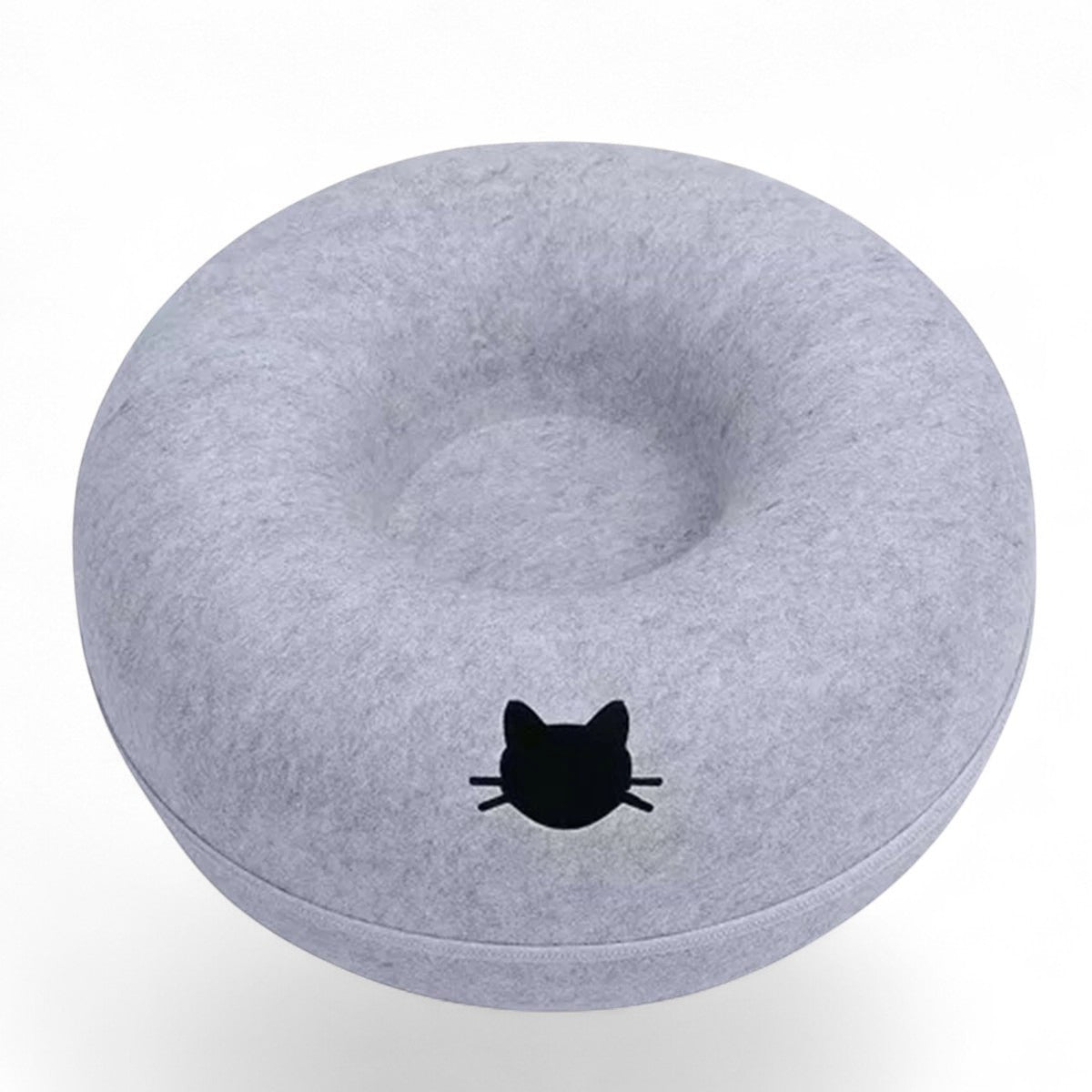 Cama túnel redonda ANIMALZO de fieltro gris para gatos con diseño de cara de gato, ideal para jugar y descansar.