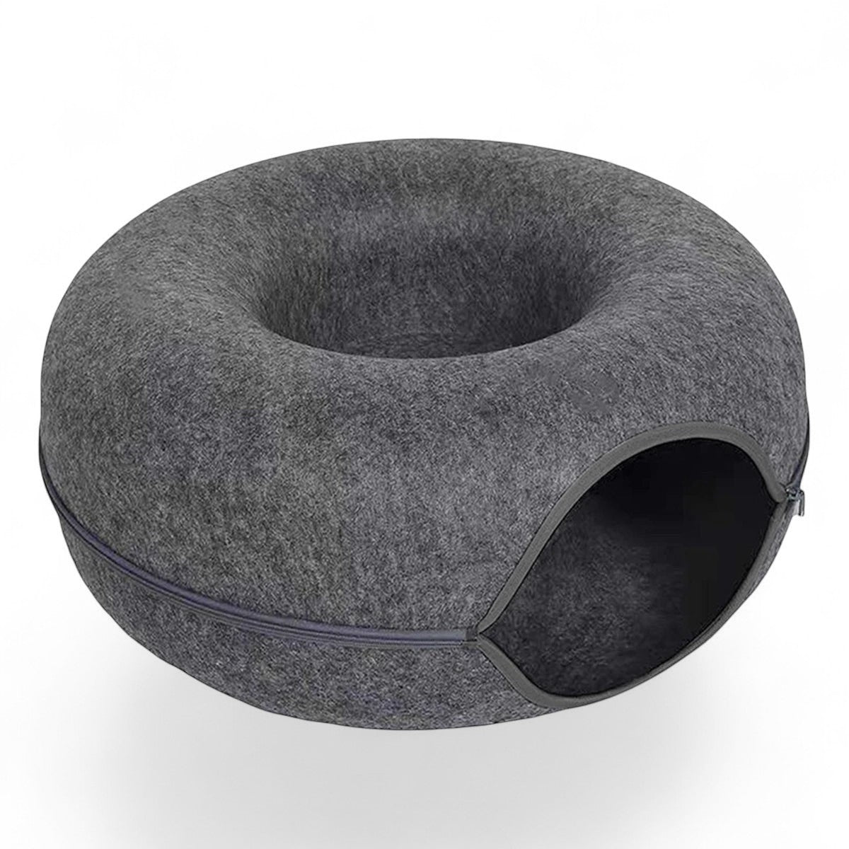 Cama túnel redonda ANIMALZO para gatos en fieltro gris, diseño 2 en 1 para descanso y juego interactivo.