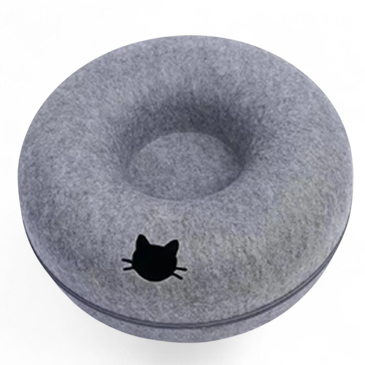 Cama túnel redonda ANIMALZO para gatos en fieltro gris con diseño de donut y silueta de gato