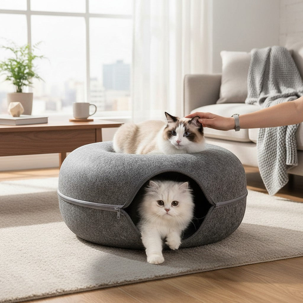 Cama túnel redonda gris ANIMALZO para gatos con un gato descansando encima y otro saliendo del interior