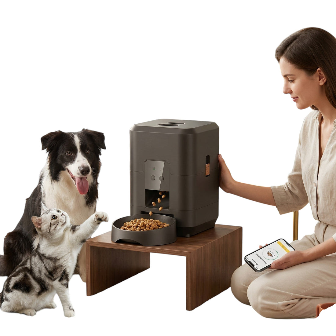Comedero automático inteligente ANIMALZO gris con control por app para perros y gatos en un salón moderno