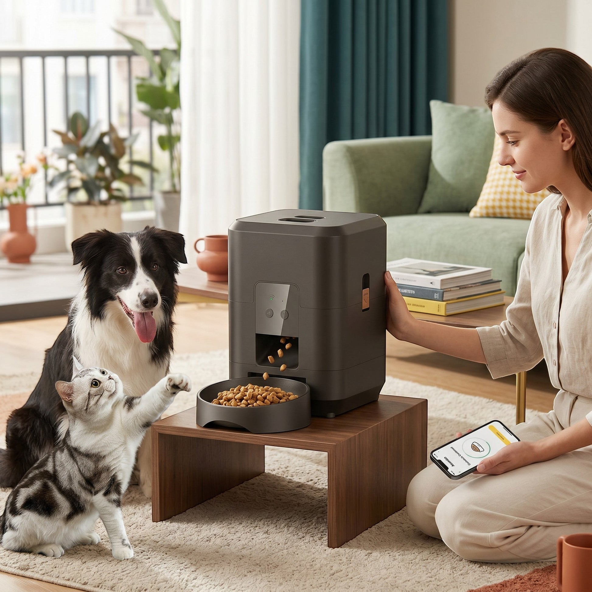Comedero automático inteligente ANIMALZO gris con control por app para perros y gatos en un salón moderno