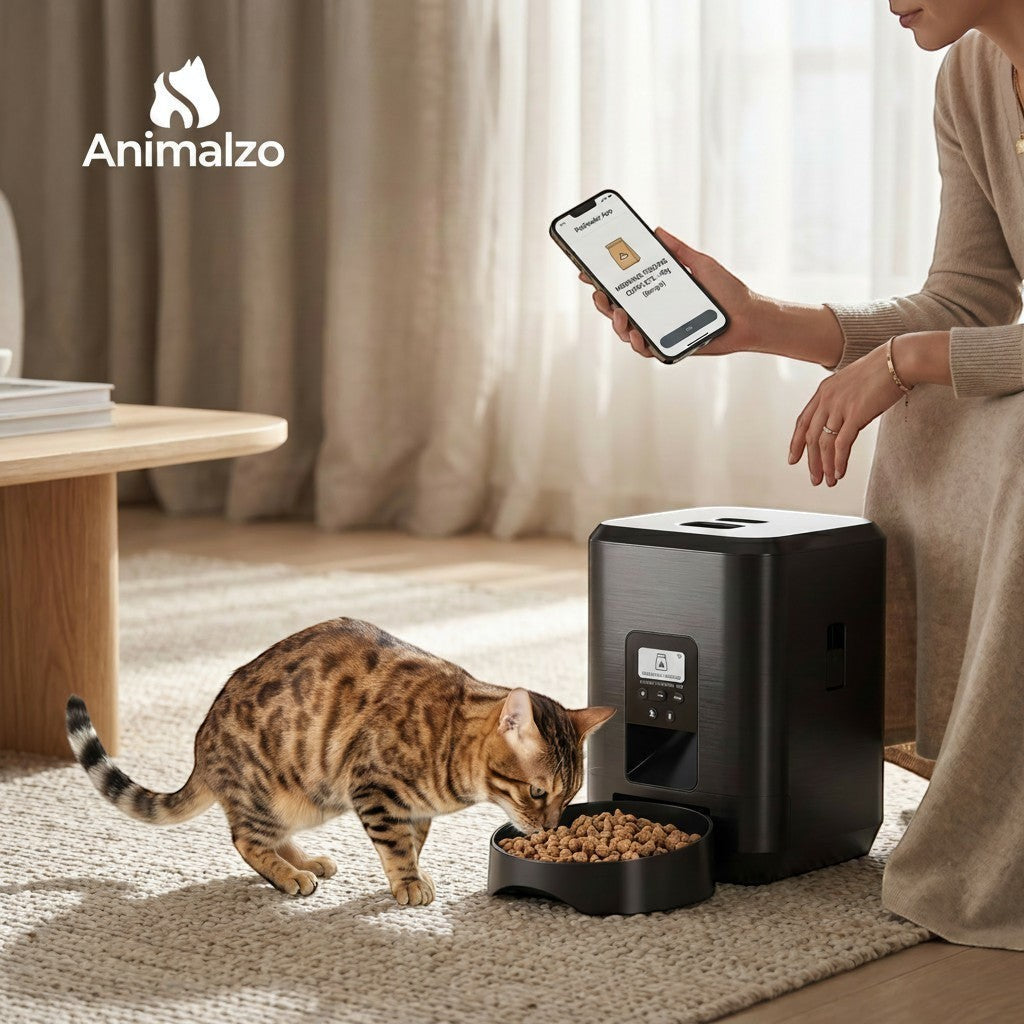 Comedero automático inteligente ANIMALZO negro con control por app, pantalla LCD y gato comiendo en un salón moderno.