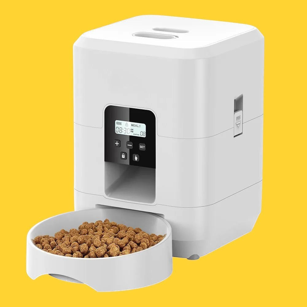 Comedero automático inteligente ANIMALZO de color blanco con pantalla LCD para perros y gatos