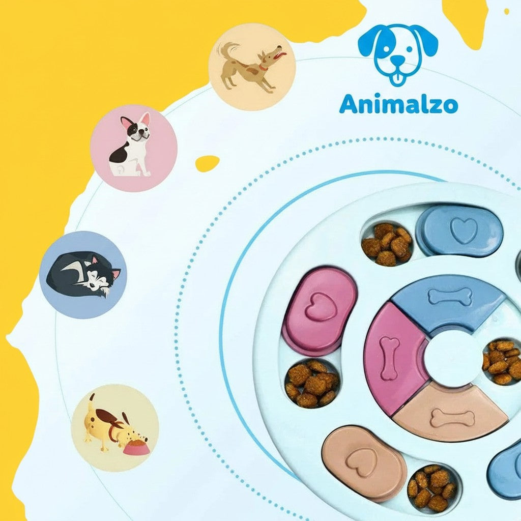Comedero lento interactivo ANIMALZO con rompecabezas colorido para estimular la alimentación saludable de los perros.