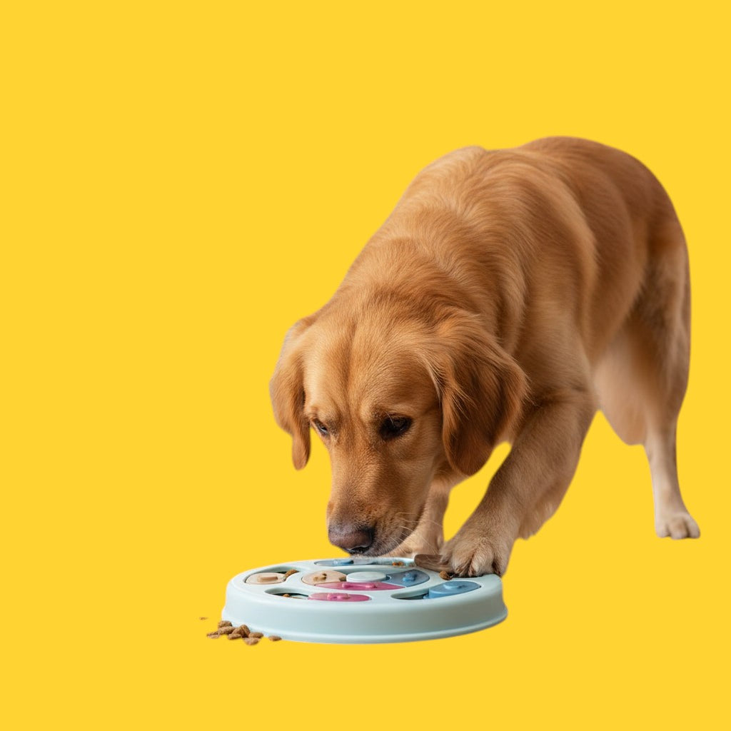 Chien Golden Retriever utilisant un puzzle interactif ANIMALZO pour manger lentement sur fond jaune