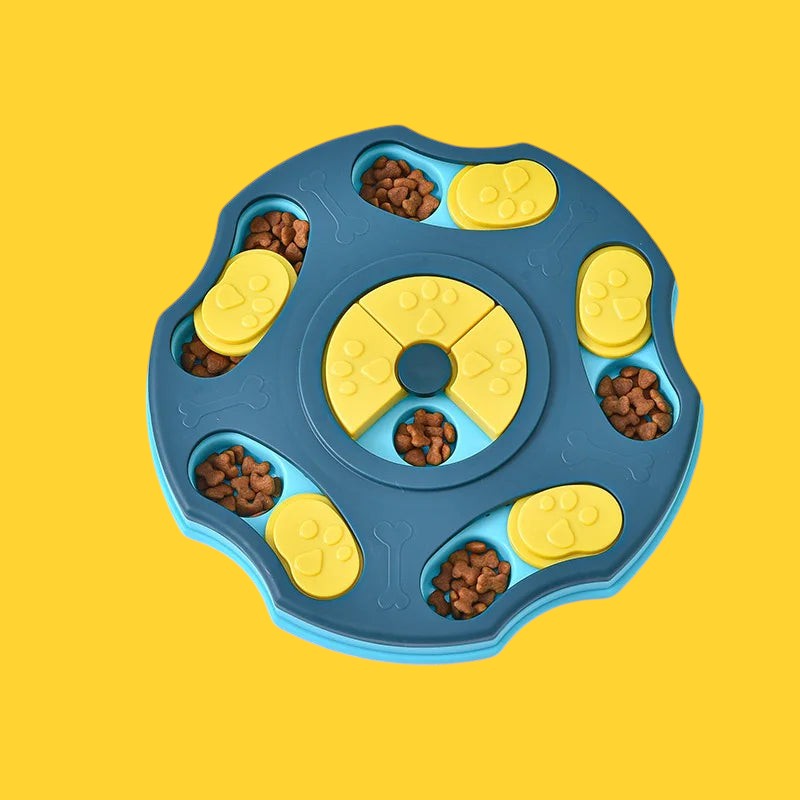 Comedero lento interactivo ANIMALZO con rompecabezas azul y amarillo para estimular la mente de los perros al comer