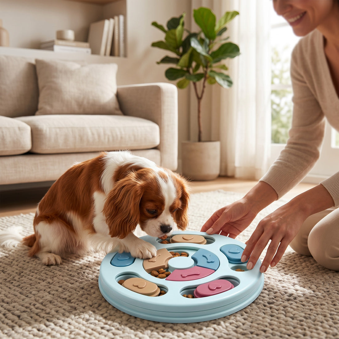 Chien Cavalier King Charles jouant avec un comedero lento interactif ANIMALZO bleu sur un tapis dans un salon
