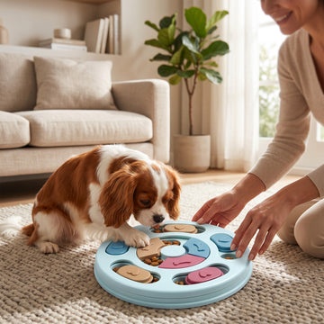 Chien Cavalier King Charles jouant avec un comedero lento interactif ANIMALZO bleu sur un tapis dans un salon