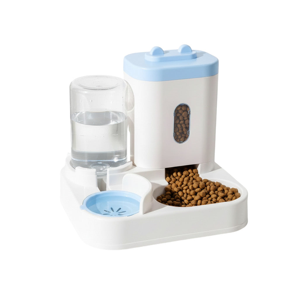 Dispensador de comida y agua por gravedad ANIMALZO en color blanco y azul para gatos con diseño compacto y funcional