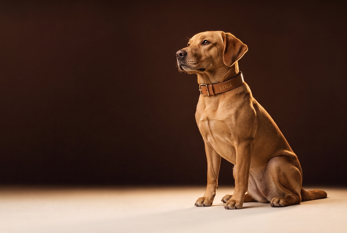 Perro con collar de cuero Animalzo grabado con su nombre, foto de estudio