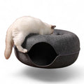 Chat blanc jouant avec un lit tunnel rond ANIMALZO en feutre gris, idéal pour le repos et le jeu des félins.