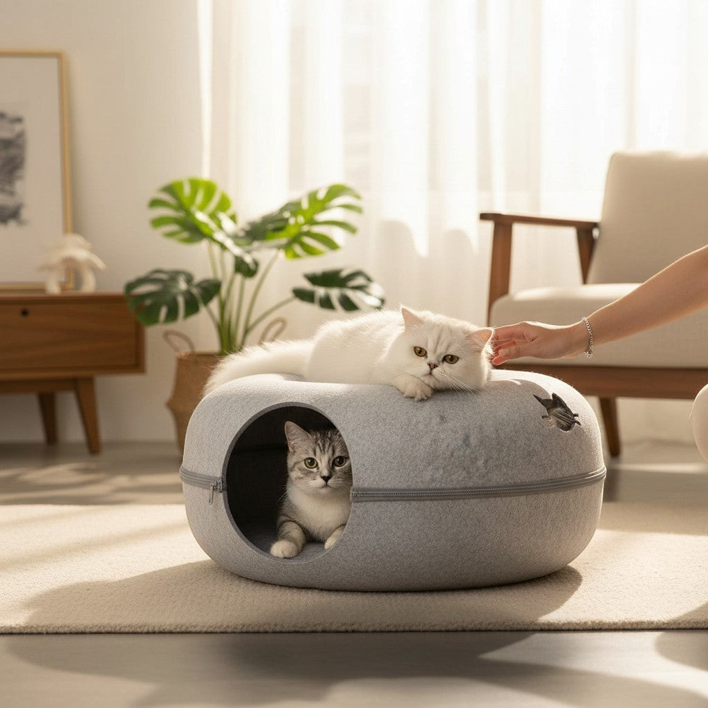 Lit tunnel rond interactif ANIMALZO en feutre gris pour chat, offrant un espace de jeu et de repos confortable.