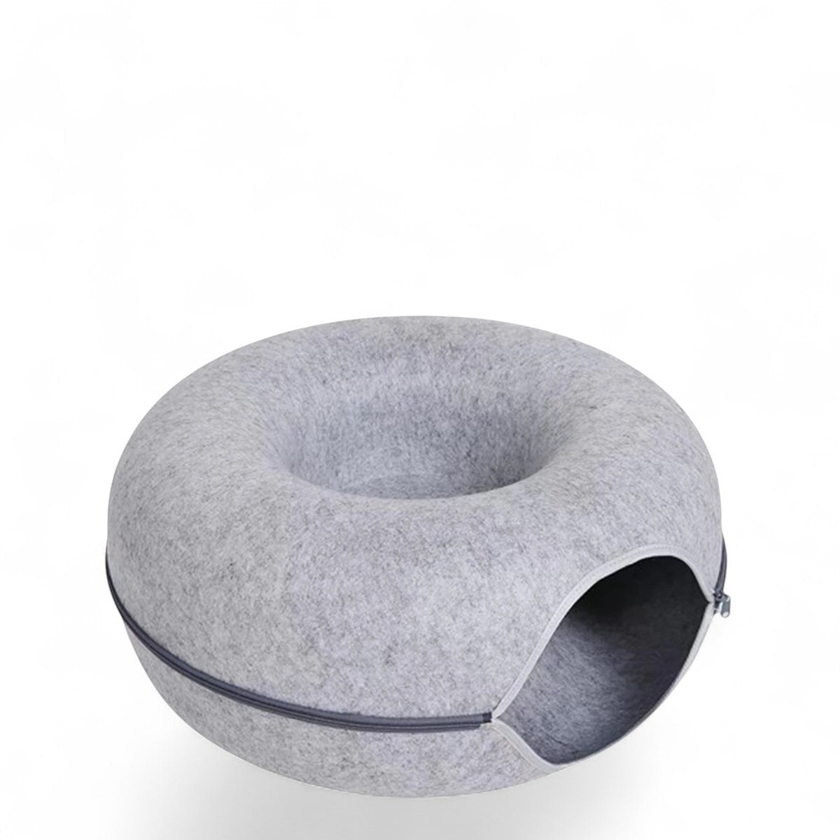 Lit tunnel rond gris ANIMALZO pour chat en feutre doux, idéal pour le jeu et le repos avec ouverture latérale.