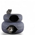 Lit tunnel rond gris ANIMALZO pour chat en feutre doux, offrant un espace de jeu et de repos confortable.