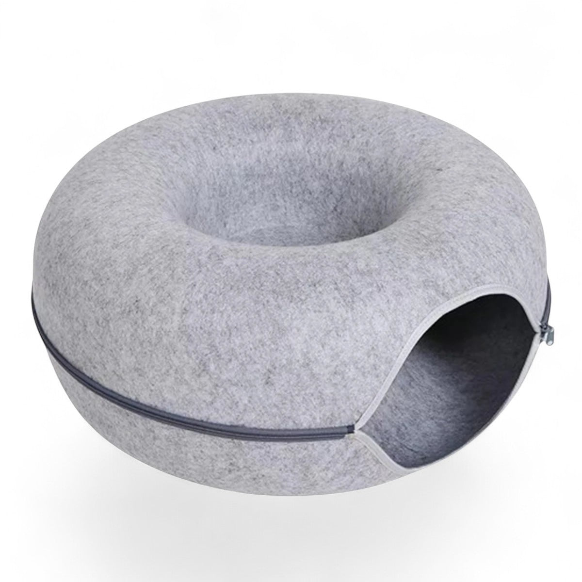 Lit tunnel rond ANIMALZO gris en feutre pour chat, offrant un espace de jeu et de repos confortable et interactif.