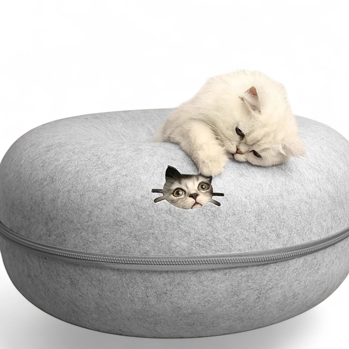Lit tunnel rond gris ANIMALZO pour chat avec un chat blanc jouant sur le dessus et un autre regardant par l'ouverture
