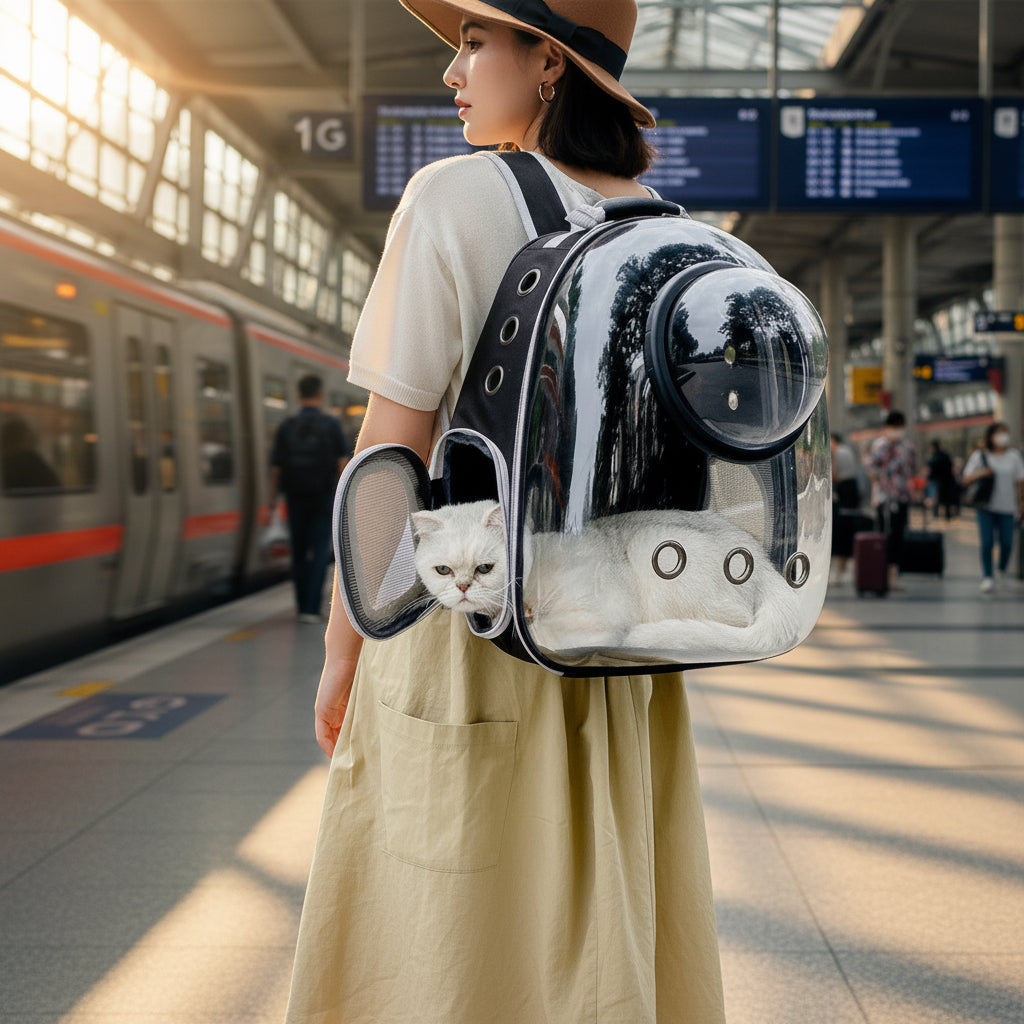 Mochila transportadora ANIMALZO tipo cápsula espacial negra con ventana panorámica y gato blanco en un parque