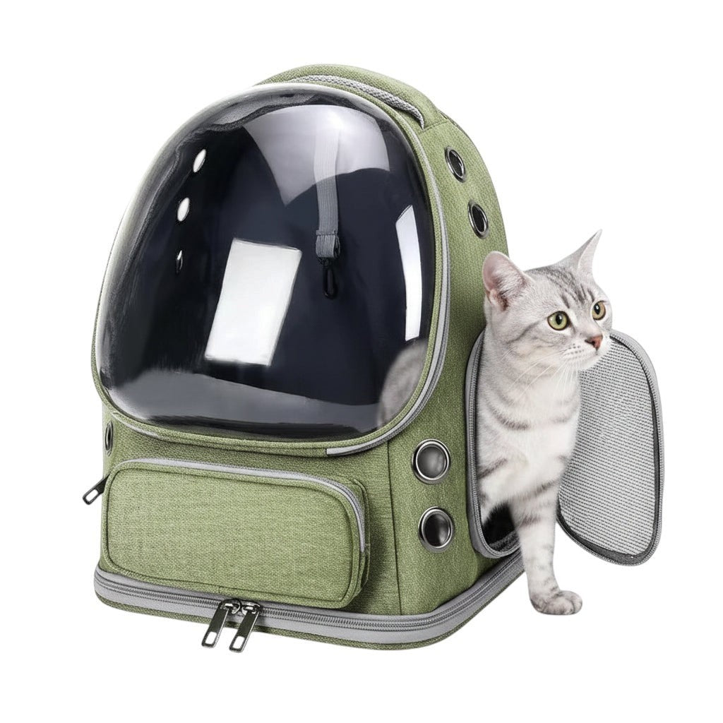 Mochila transportadora ANIMALZO color verde con ventana de burbuja transparente y malla lateral para gatos