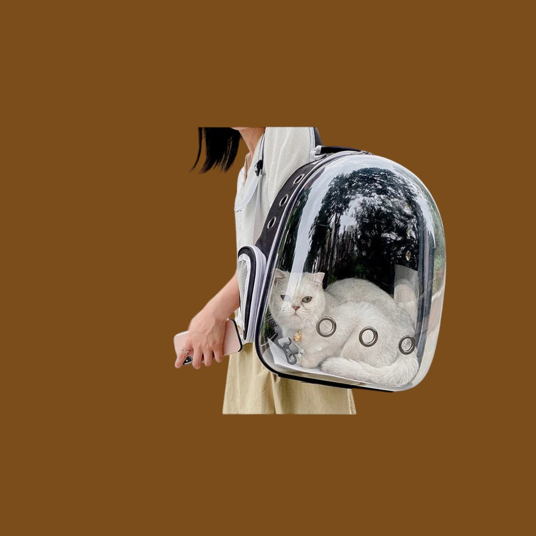 Mochila transportadora ANIMALZO tipo cápsula espacial con ventana panorámica transparente y gato blanco en el interior