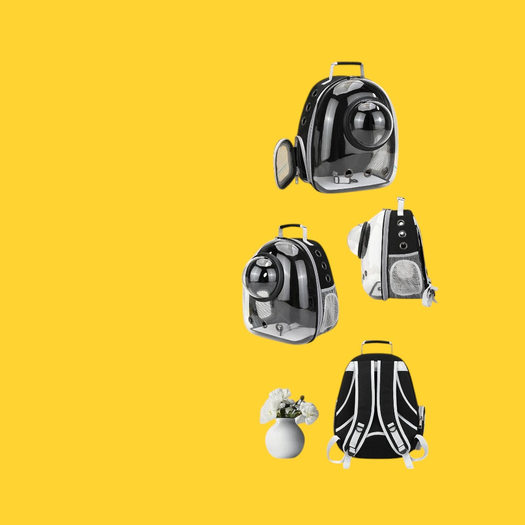 Mochila transportadora ANIMALZO tipo cápsula espacial negra con ventana panorámica para gatos y perros pequeños.