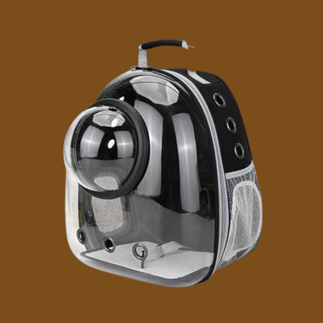 Mochila transportadora ANIMALZO tipo cápsula espacial negra con ventana panorámica para gatos y perros pequeños