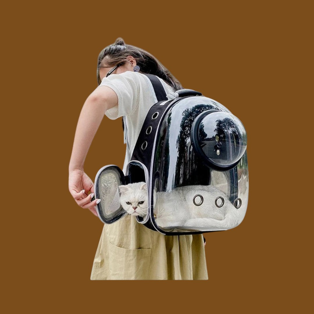 Mochila transportadora ANIMALZO tipo cápsula espacial negra con ventana panorámica transparente para gatos y perros