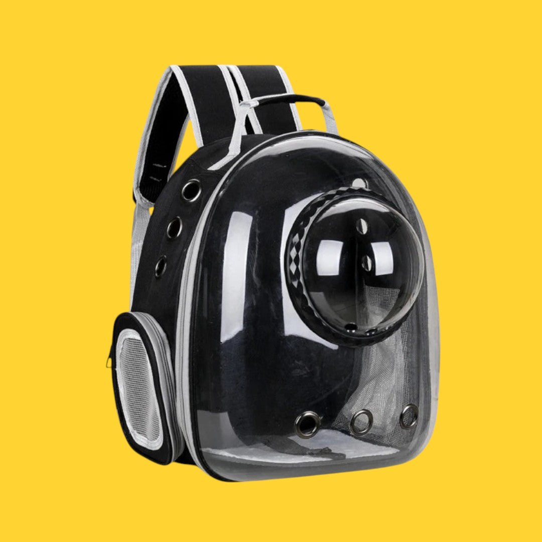 Mochila transportadora ANIMALZO tipo cápsula espacial negra con ventana panorámica transparente para mascotas pequeñas