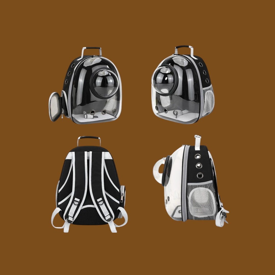 Mochila transportadora ANIMALZO tipo cápsula espacial negra con ventana panorámica para gatos y perros pequeños