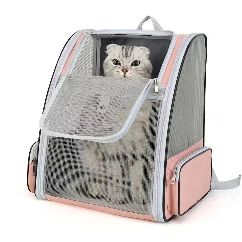 Mochila de viaje ANIMALZO rosa con malla transpirable y gato gris en el interior para transporte seguro y cómodo