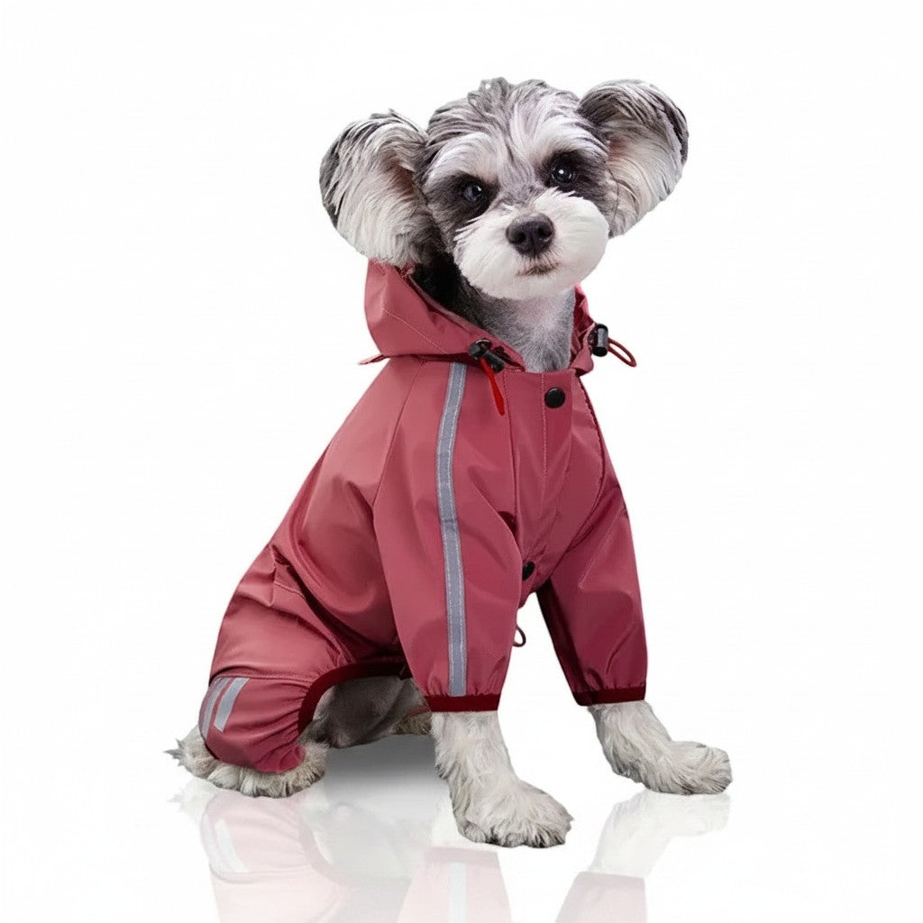 Perro Schnauzer con mono impermeable ANIMALZO de color rosa con tiras reflectantes y capucha para días de lluvia