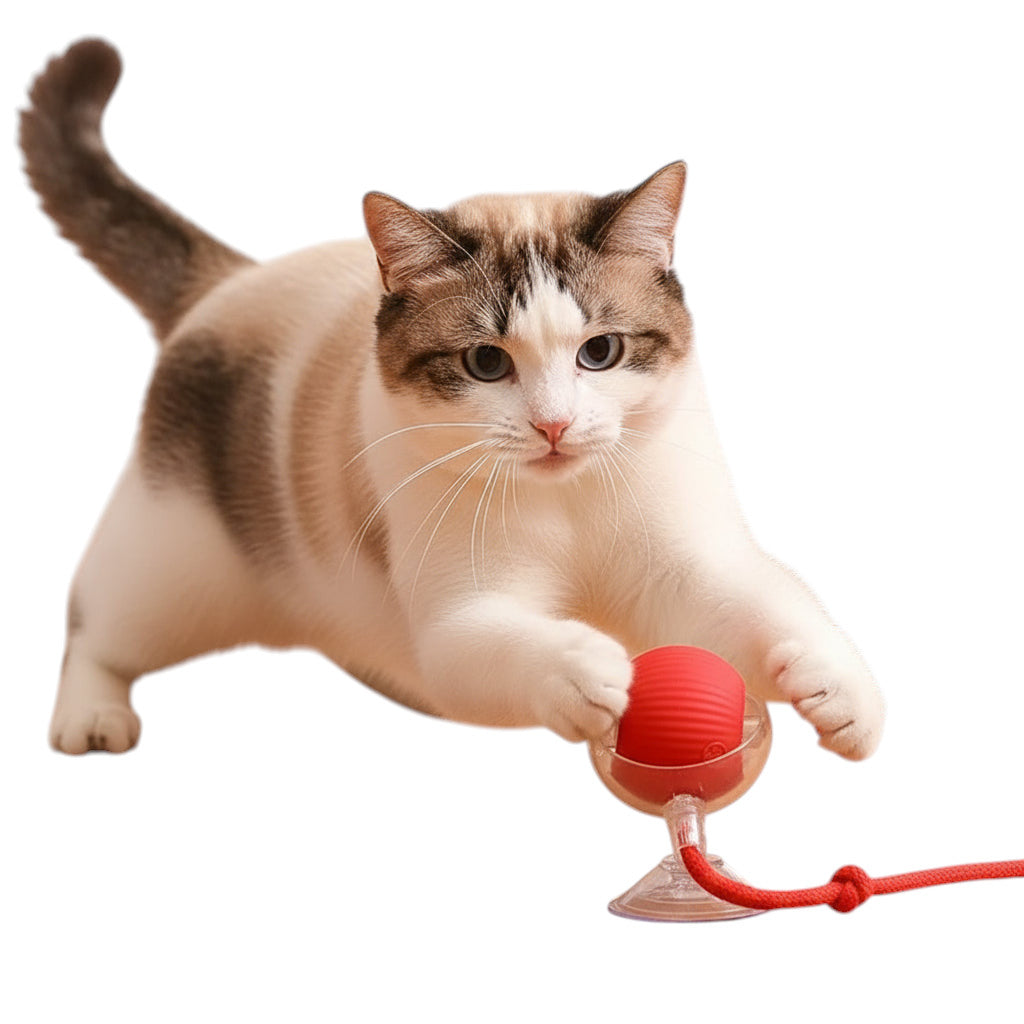 Gato jugando con la pelota rodante inteligente ANIMALZO de color rojo con sensor de movimiento sobre fondo blanco