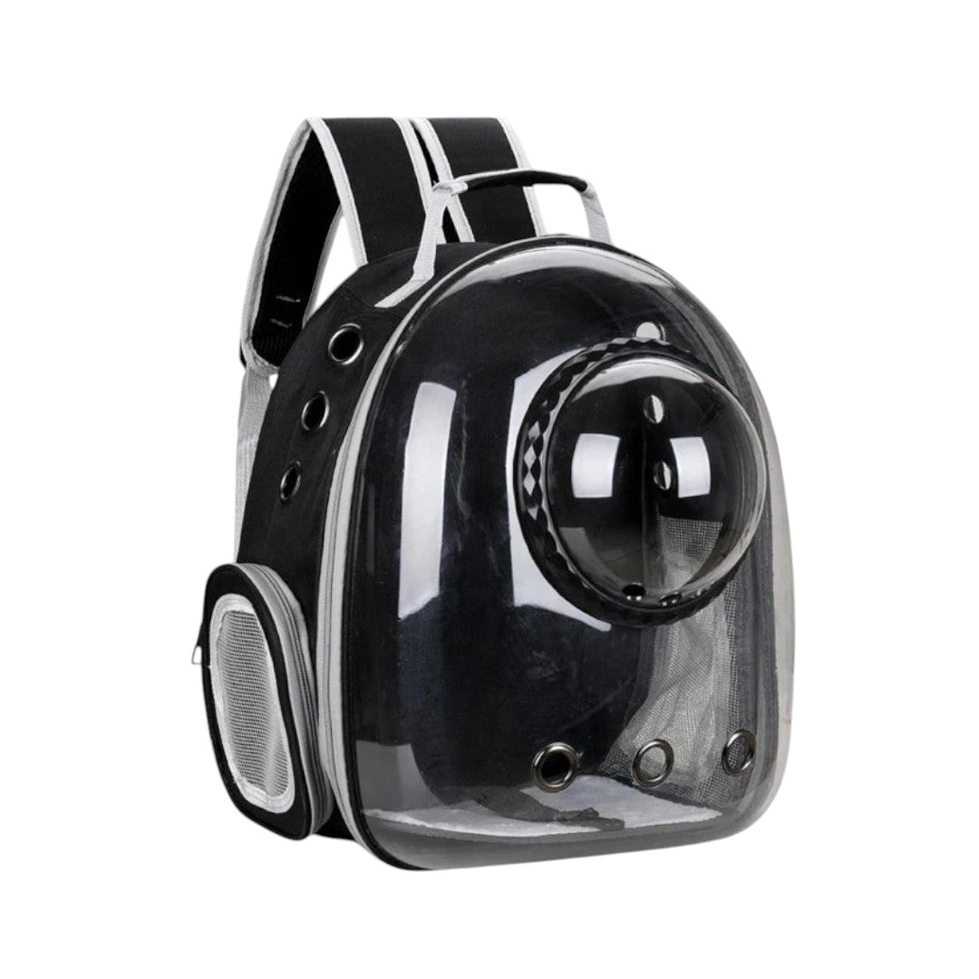 Sac à dos de transport ANIMALZO pour animaux, style capsule spatiale noir avec fenêtre panoramique transparente.