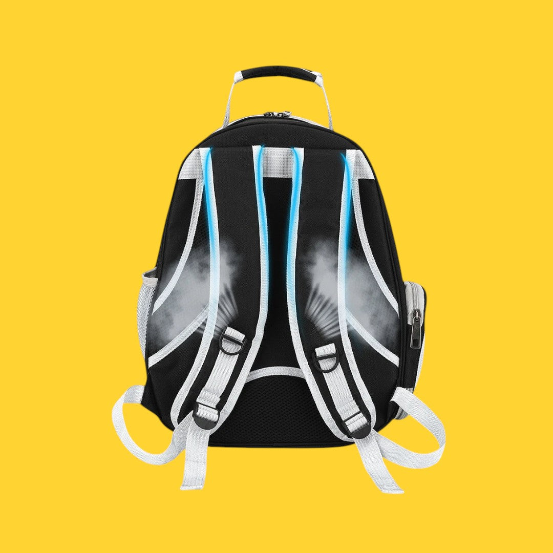 Vue arrière du sac à dos de transport ANIMALZO pour animaux, noir et gris, avec bretelles rembourrées et respirantes.