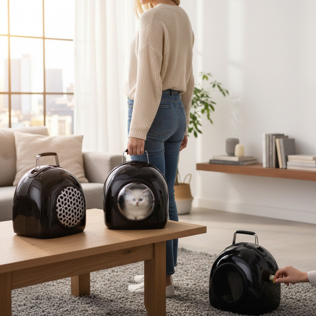 Sac de transport ANIMALZO en forme de capsule spatiale noire avec fenêtre panoramique pour chat dans un salon
