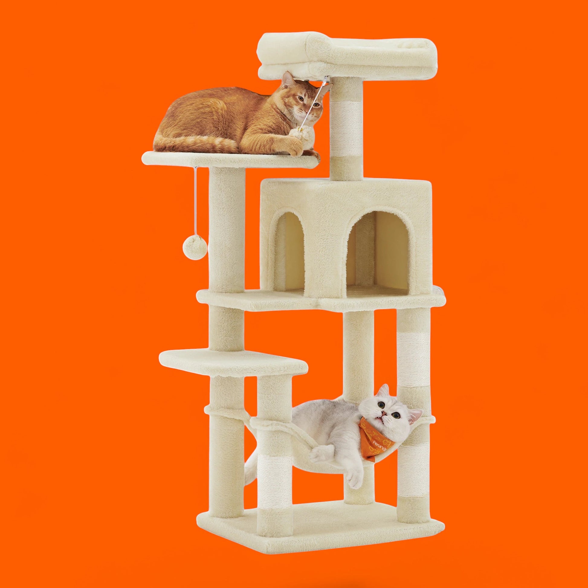 Torre de actividades multinivel ANIMALZO de felpa beige con rascadores de sisal, hamaca y caseta para gatos
