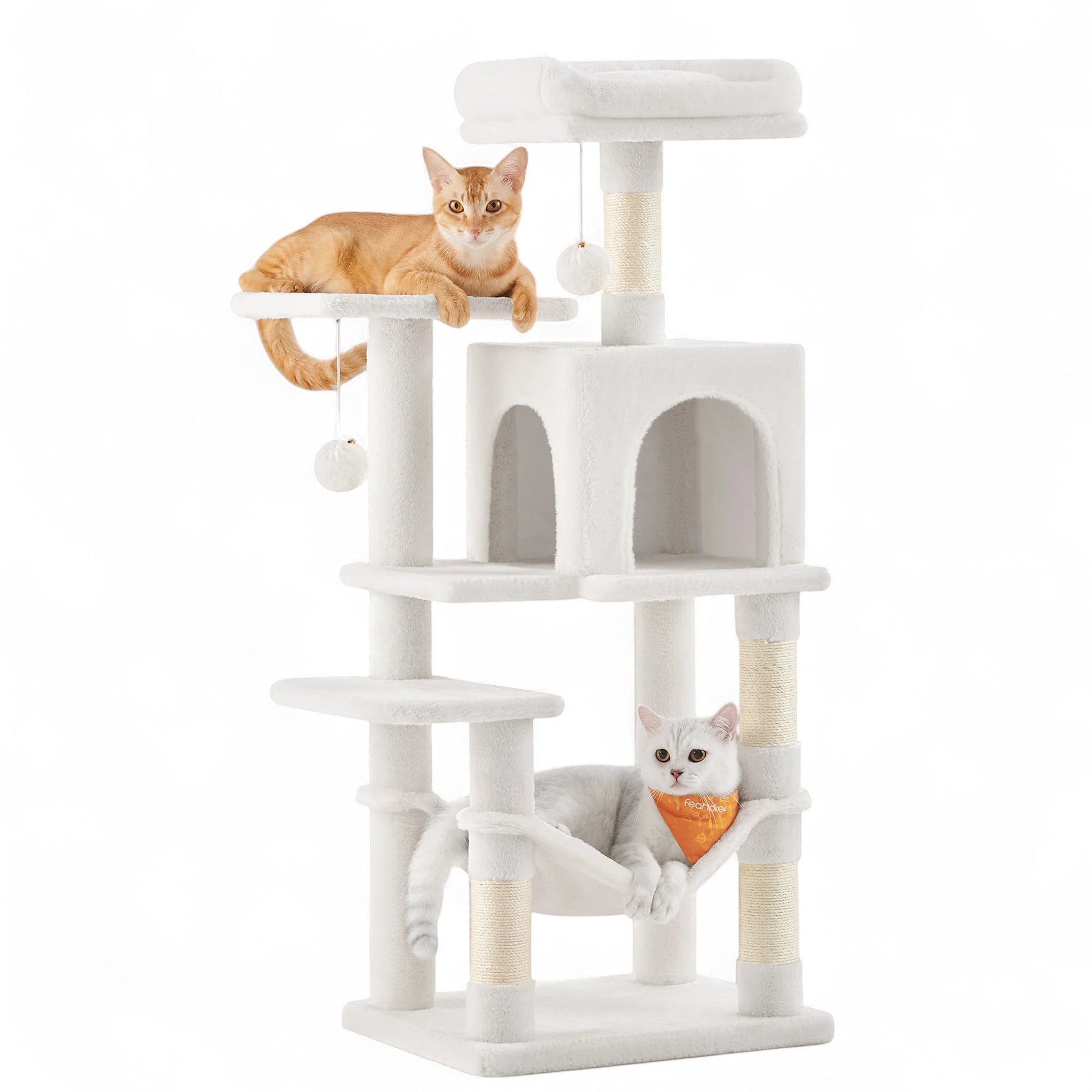 Torre de actividades ANIMALZO multinivel blanca con gatos, postes de sisal, hamaca y caseta de felpa suave.