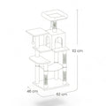 Esquema técnico de la torre de actividades multinivel ANIMALZO con rascadores, plataformas y caseta para gatos