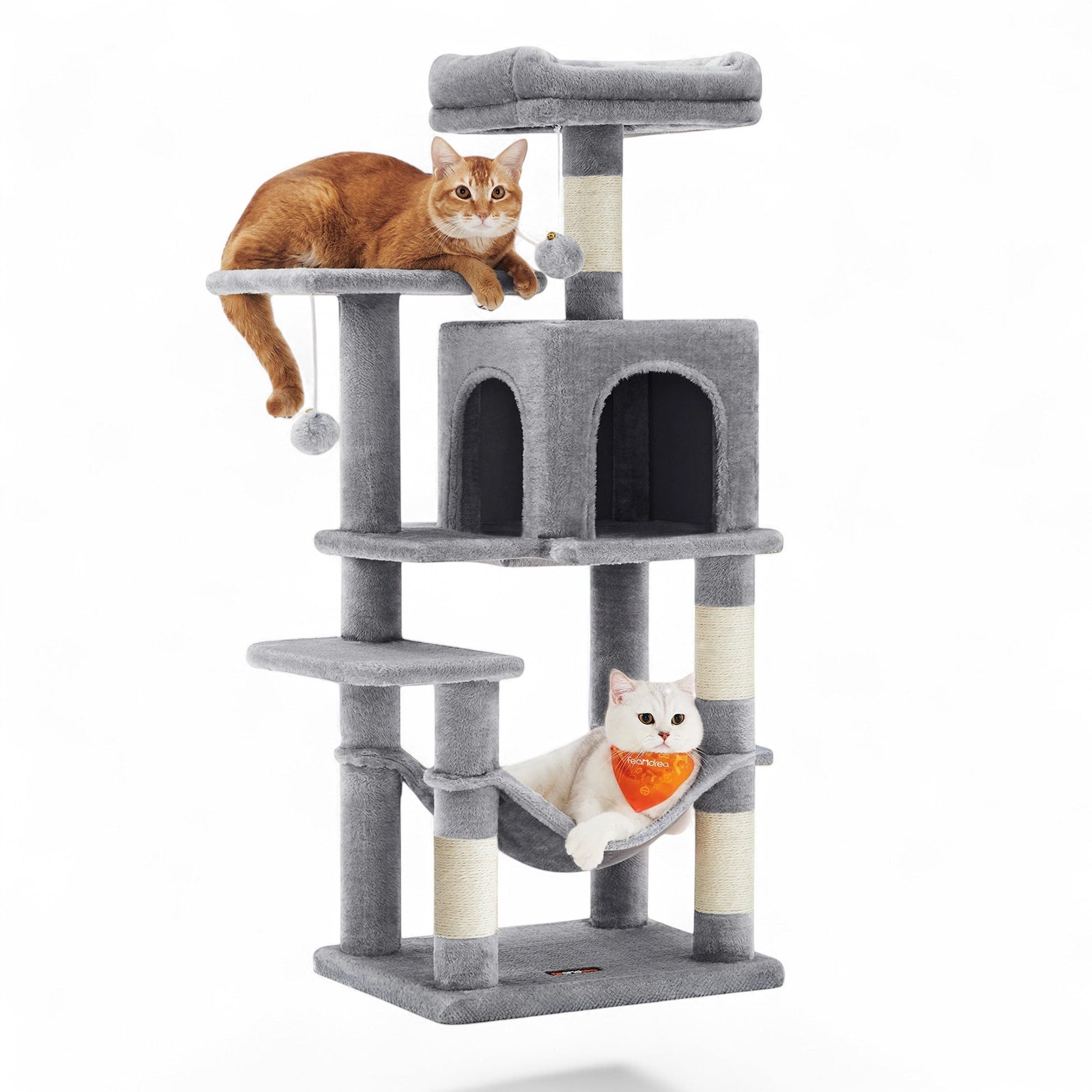 Torre de actividades ANIMALZO multinivel gris con rascadores de sisal, caseta y hamaca para gatos