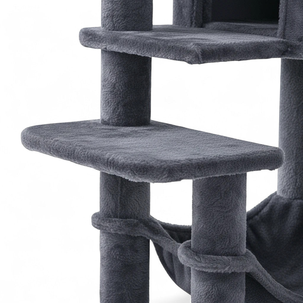 Torre de actividades ANIMALZO multinivel para gatos en felpa gris con plataformas y hamaca ergonómica