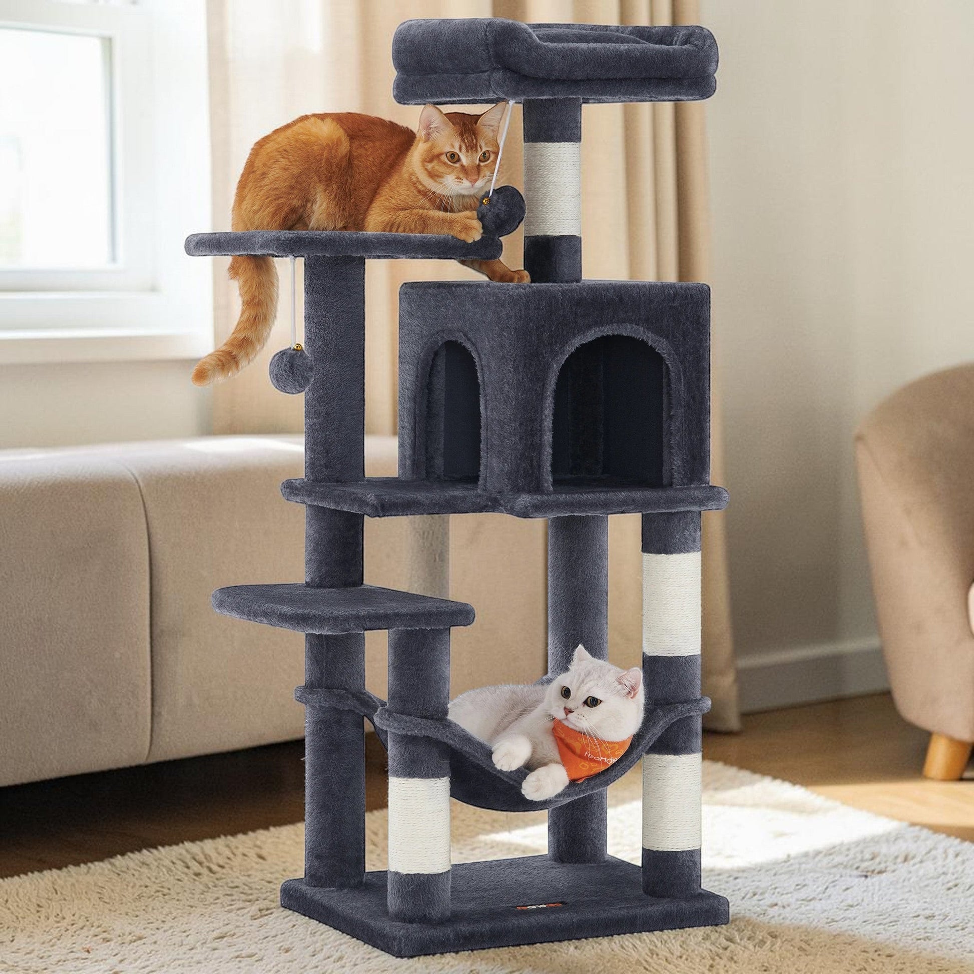 Torre de actividades multinivel ANIMALZO en color gris con rascadores de sisal, hamaca y caseta para gatos