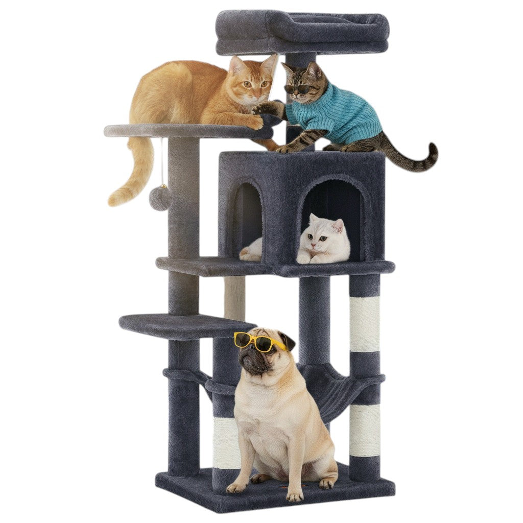 Torre de actividades multinivel ANIMALZO gris con rascadores de sisal, hamaca y caseta para gatos y perros pequeños
