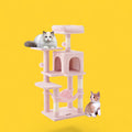Torre de actividades ANIMALZO multinivel rosa con rascadores de sisal, hamaca y dos gatos sobre fondo amarillo.