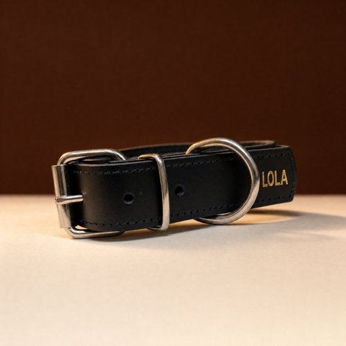 Collar Clásico de cuero con el nombre grabado en oro