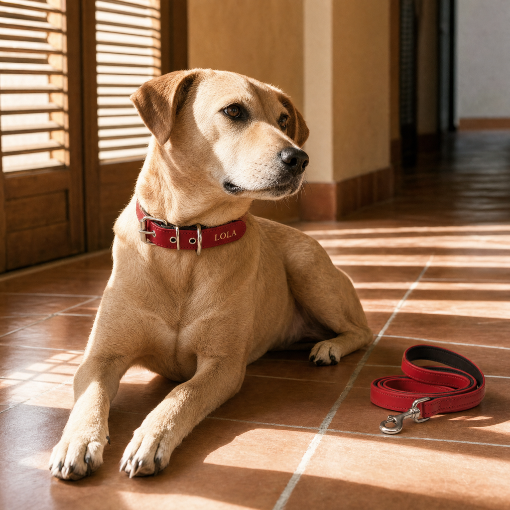 Pack Diario Animalzo: collar y correa de cuero en casa