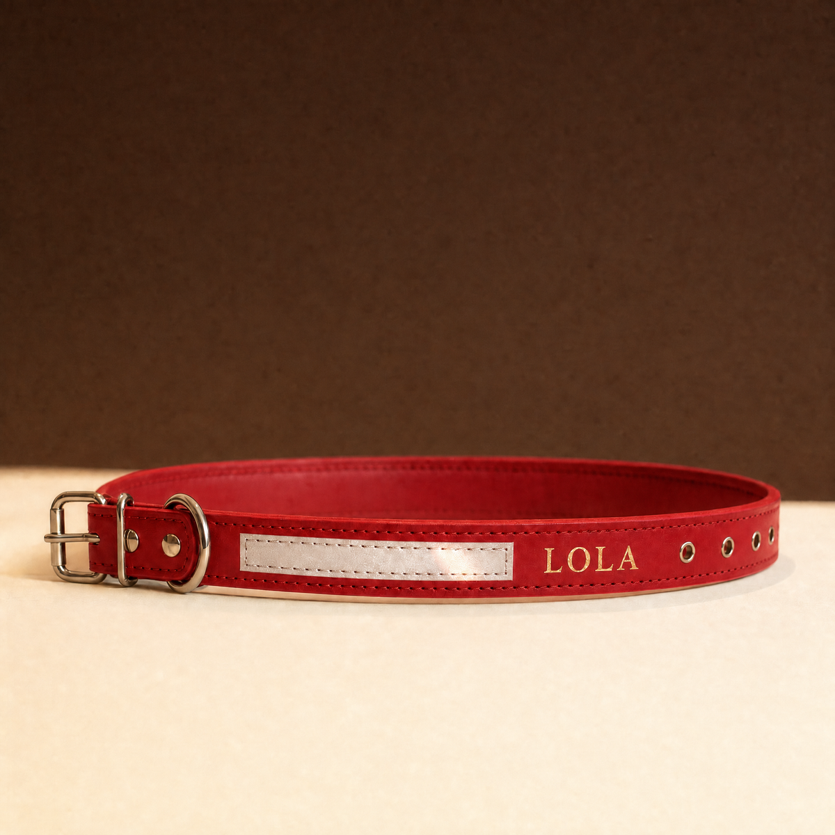 Collar Noche rojo reflectante con el nombre grabado en oro