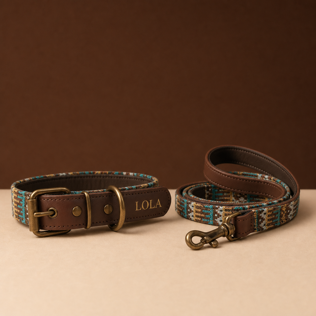 Pack Patio Animalzo, collar y correa a juego grabados en oro, foto de estudio