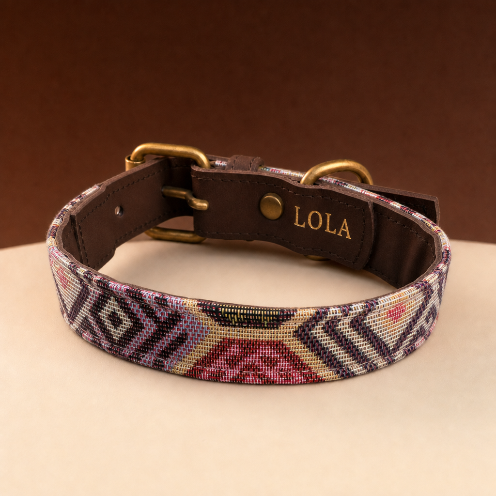 Collar Sierra, dibujo Sierra, cuero y tela con el nombre grabado en oro, foto de estudio